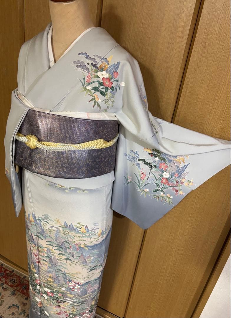 加賀調　手描き友禅訪問着　 落款　【武】ライトグレー草花文様 4点セット　裄長