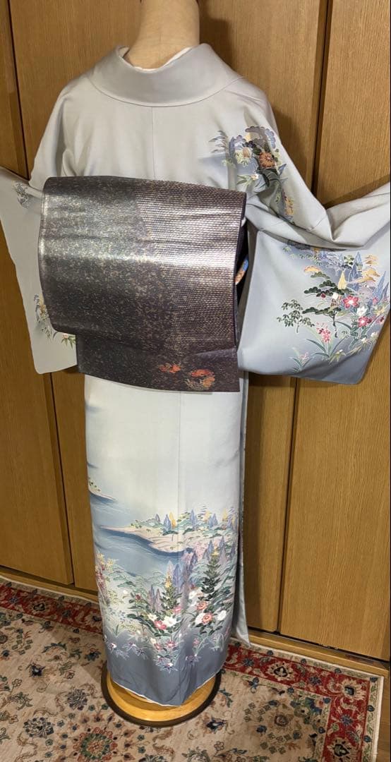 加賀調　手描き友禅訪問着　 落款　【武】ライトグレー草花文様 4点セット　裄長