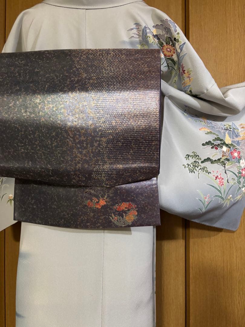 加賀調　手描き友禅訪問着　 落款　【武】ライトグレー草花文様 4点セット　裄長