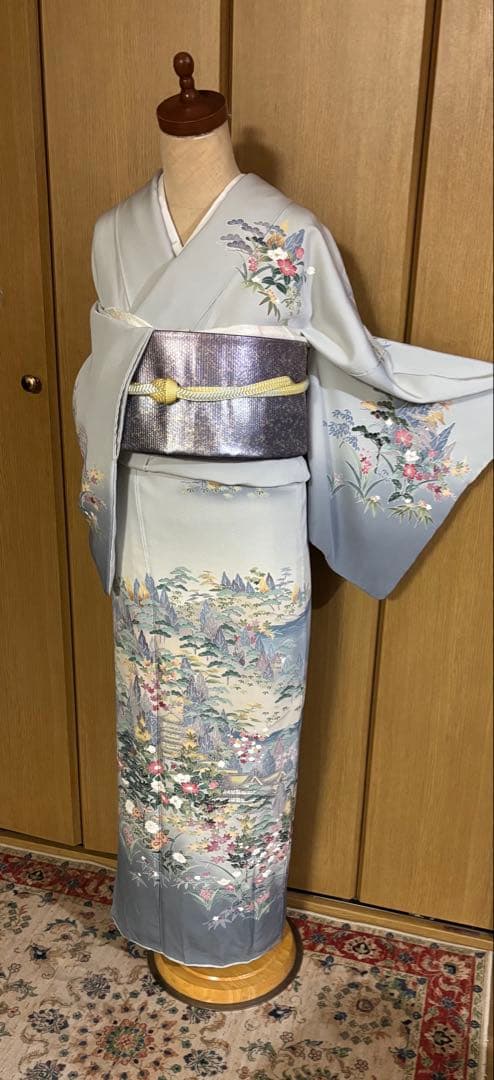 加賀調　手描き友禅訪問着　 落款　【武】ライトグレー草花文様 4点セット　裄長