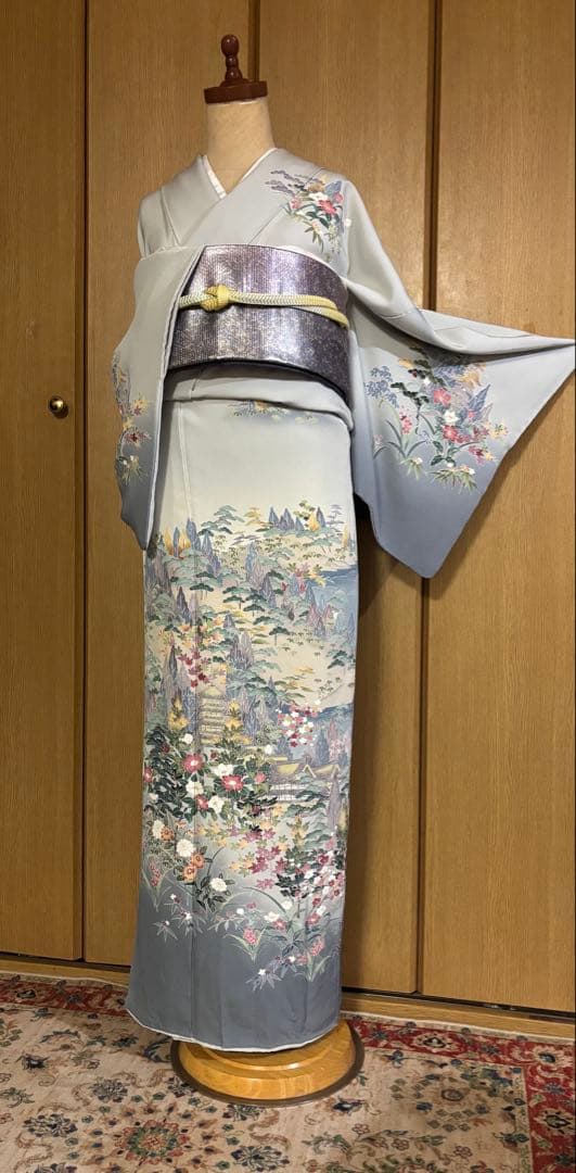 加賀調　手描き友禅訪問着　 落款　【武】ライトグレー草花文様 4点セット　裄長