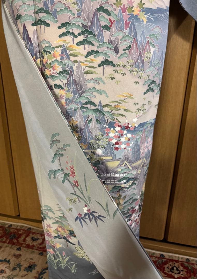 加賀調　手描き友禅訪問着　 落款　【武】ライトグレー草花文様 4点セット　裄長