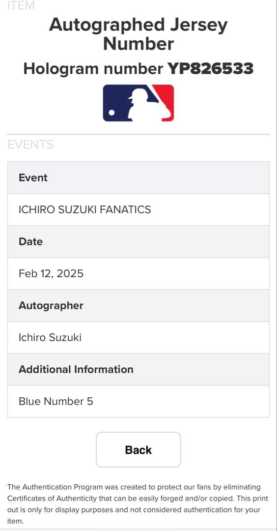 イチロー サイン入りユニホームマリナーズ 証明シール付