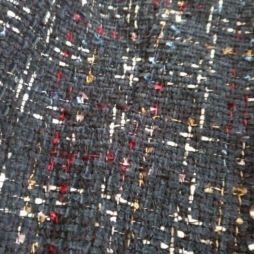 【セオリー】サイズ 2 マルチ ツイード ノーカラー ジャケット フリンジ 紺