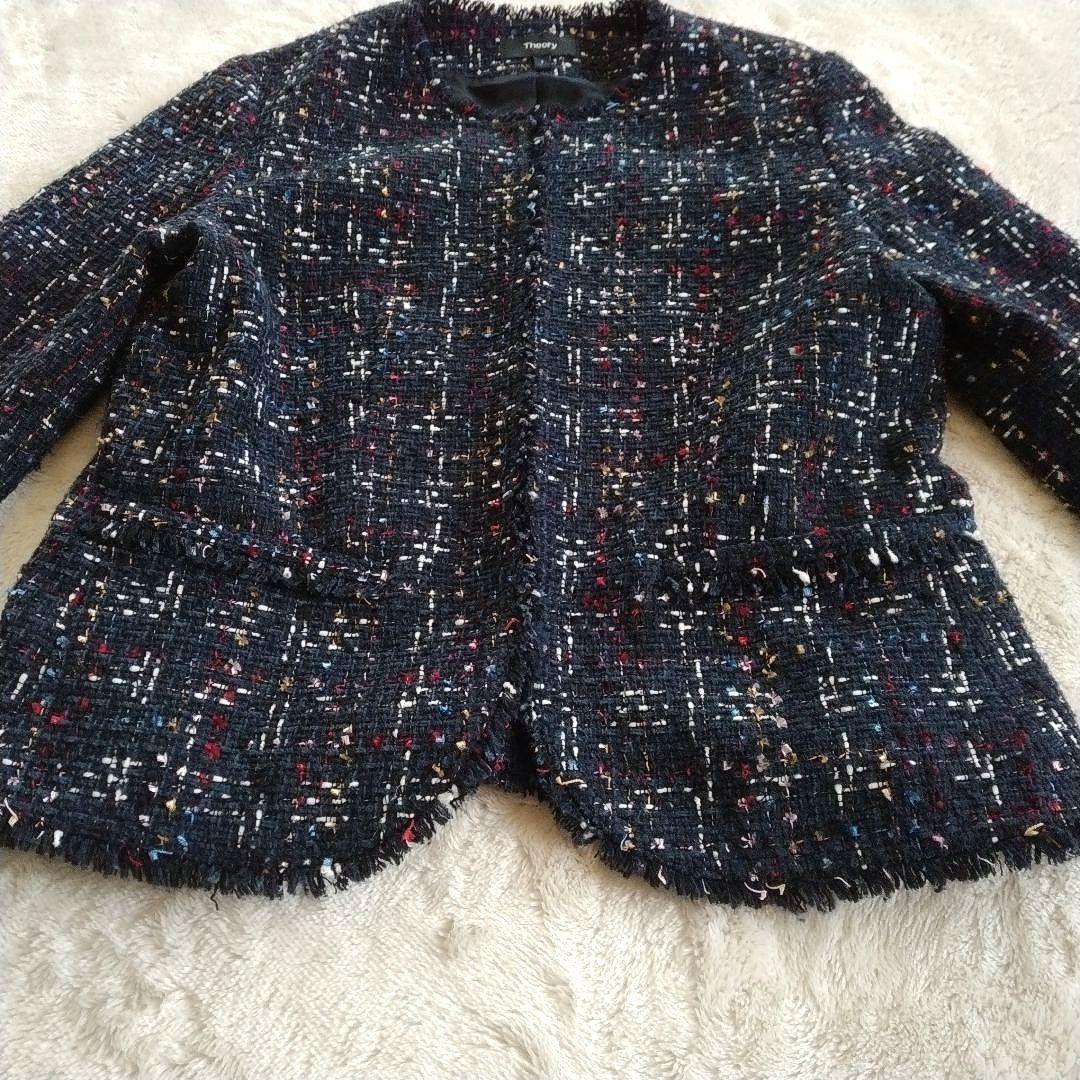 【セオリー】サイズ 2 マルチ ツイード ノーカラー ジャケット フリンジ 紺