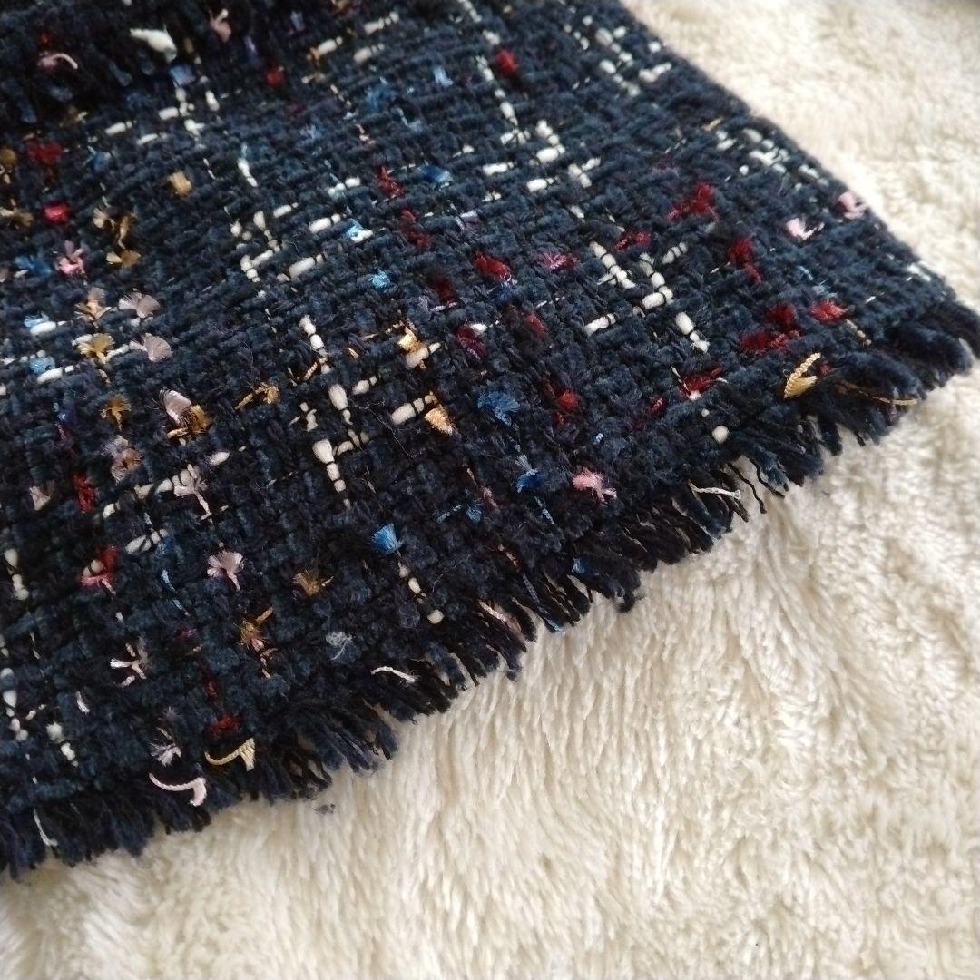 【セオリー】サイズ 2 マルチ ツイード ノーカラー ジャケット フリンジ 紺