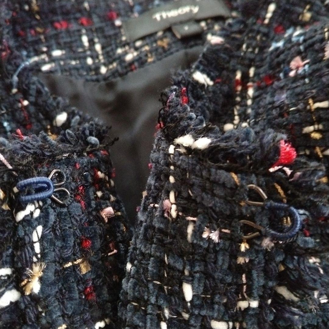 【セオリー】サイズ 2 マルチ ツイード ノーカラー ジャケット フリンジ 紺