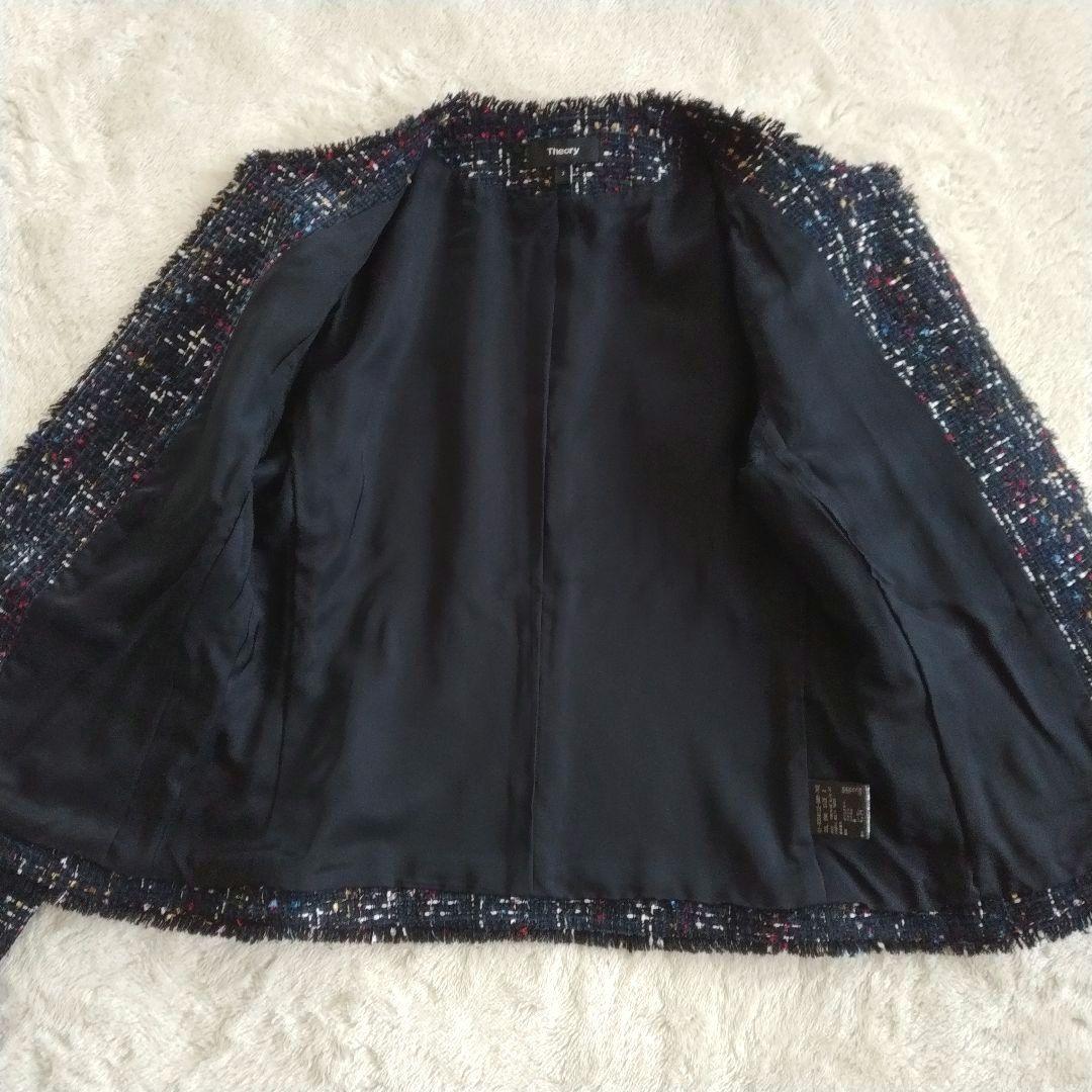 【セオリー】サイズ 2 マルチ ツイード ノーカラー ジャケット フリンジ 紺