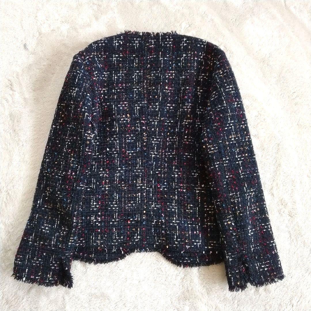 【セオリー】サイズ 2 マルチ ツイード ノーカラー ジャケット フリンジ 紺
