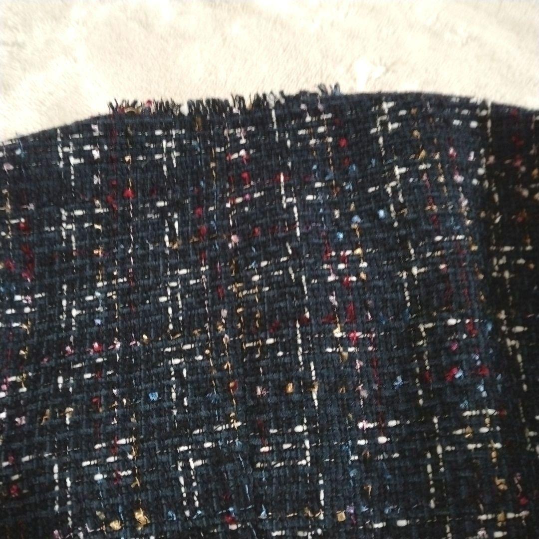 【セオリー】サイズ 2 マルチ ツイード ノーカラー ジャケット フリンジ 紺