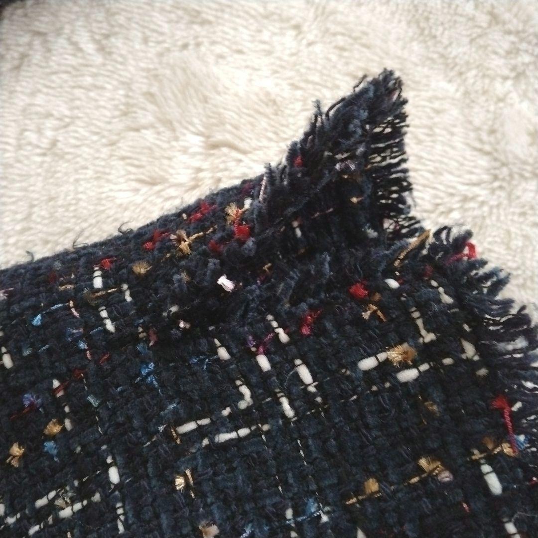 【セオリー】サイズ 2 マルチ ツイード ノーカラー ジャケット フリンジ 紺