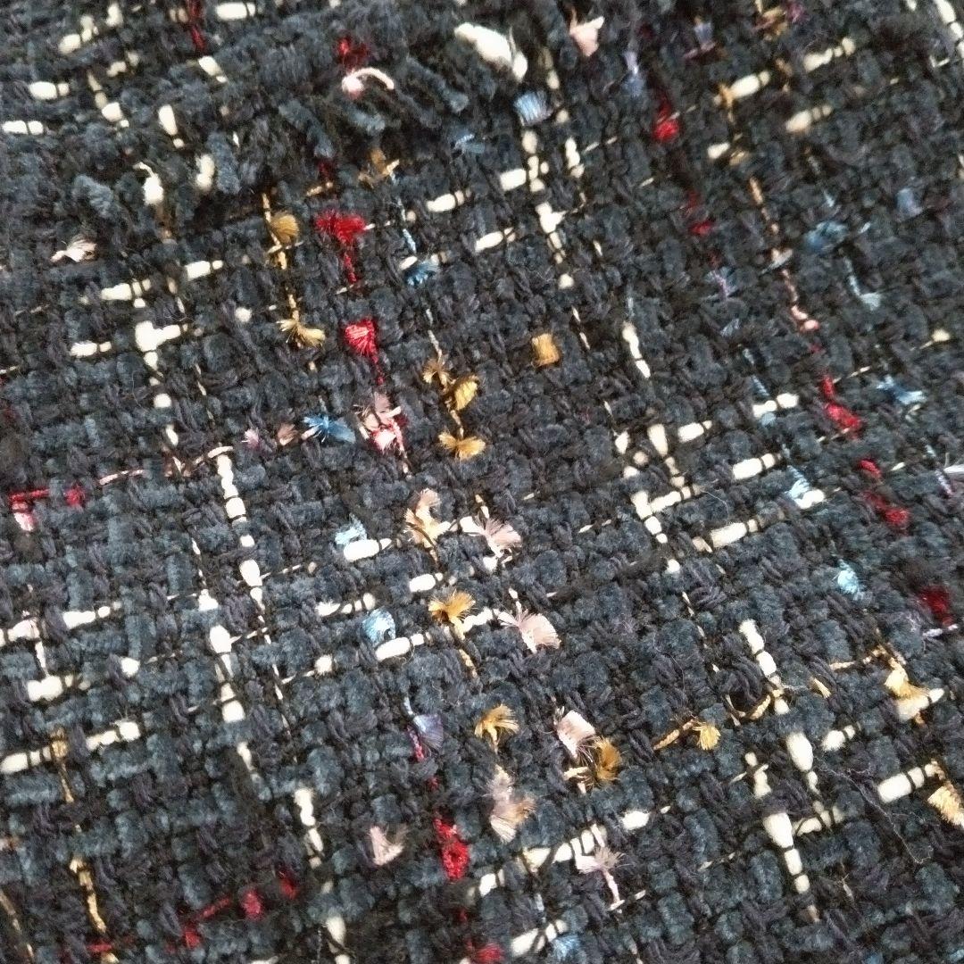 【セオリー】サイズ 2 マルチ ツイード ノーカラー ジャケット フリンジ 紺