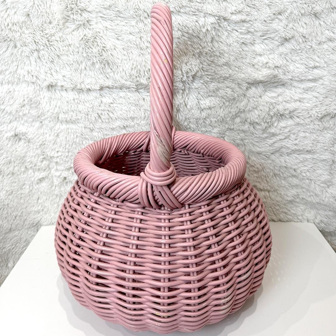 【希少】 ビッグサイズ ラタンバスケット かご ピンク 昭和レトロ インテリア