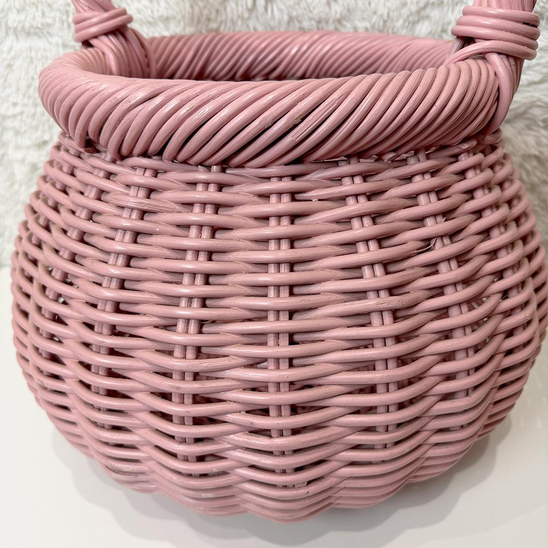 【希少】 ビッグサイズ ラタンバスケット かご ピンク 昭和レトロ インテリア