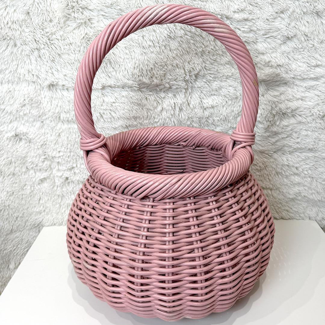 【希少】 ビッグサイズ ラタンバスケット かご ピンク 昭和レトロ インテリア