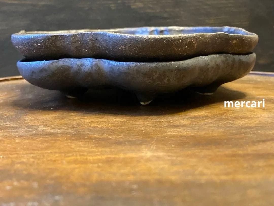 【本日限定特価】安福由美子　黒錆　足付六花弁皿 2枚　レア　作家もの　プレート