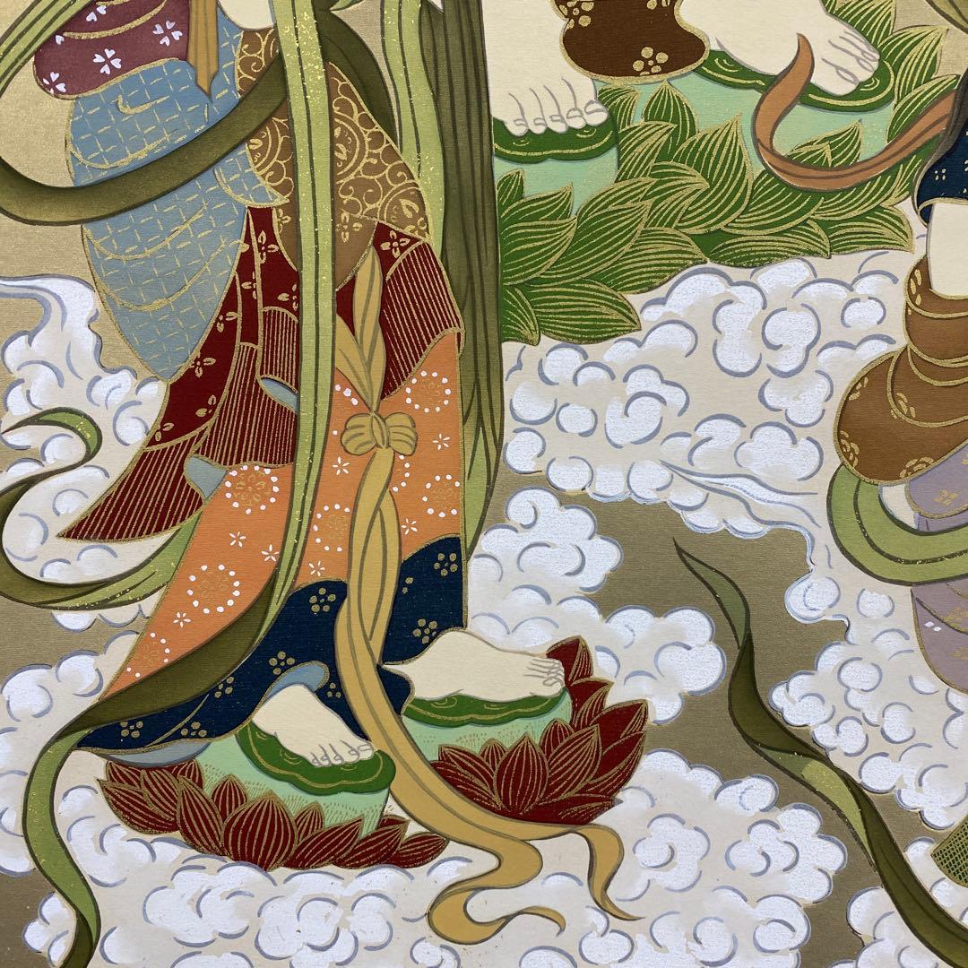 美品 掛け軸 松井翔雲作 金地 三尊佛図 共箱 仏事 年中掛け 仏教美術