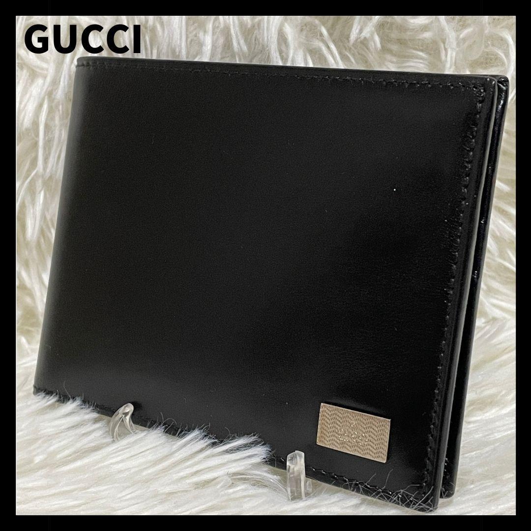 【未使用品】 グッチ　二つ折り 財布　シルバープレート　コンパクトウォレット　黒