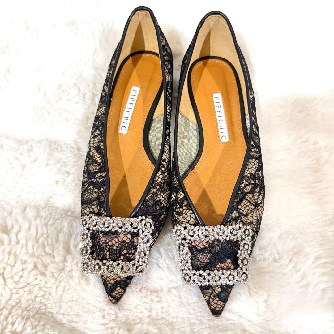 未使用PIPPICHIC レースビジュバックルバレエシューズ ブラック37