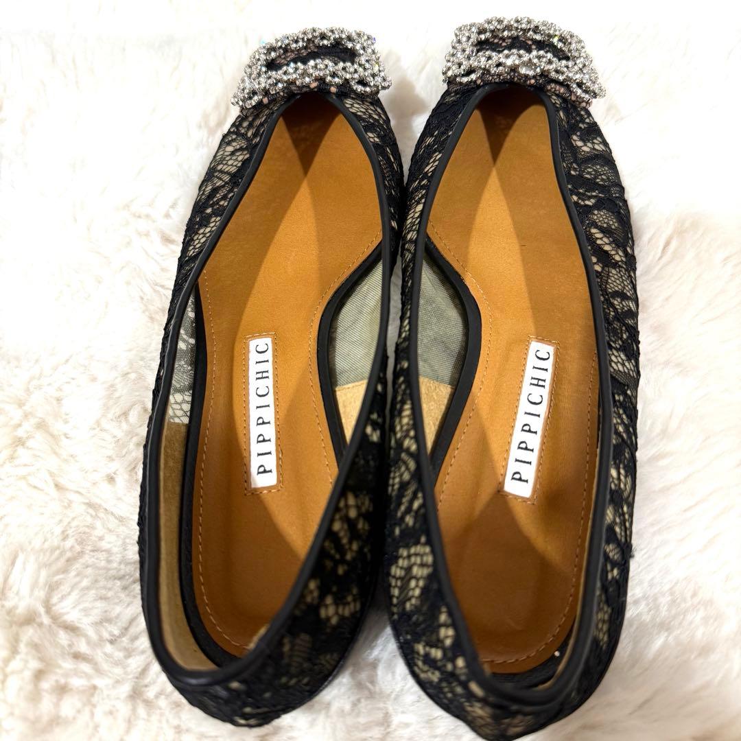 未使用PIPPICHIC レースビジュバックルバレエシューズ ブラック37