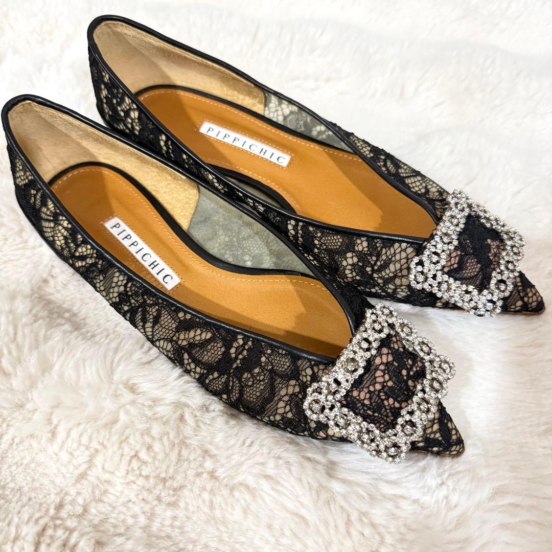 未使用PIPPICHIC レースビジュバックルバレエシューズ ブラック37