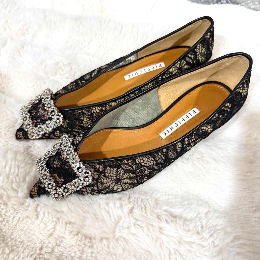 未使用PIPPICHIC レースビジュバックルバレエシューズ ブラック37