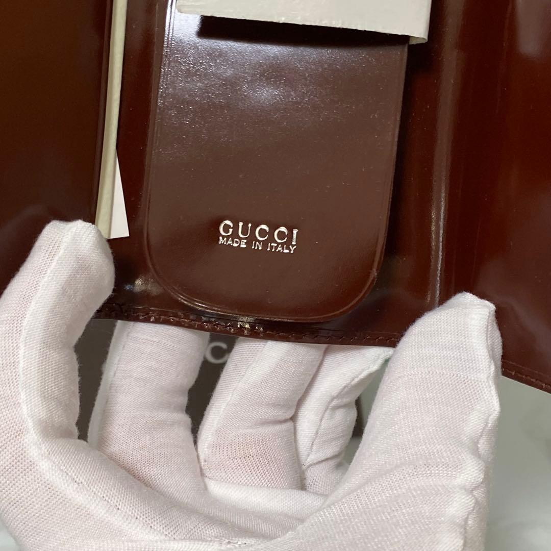 新品 未使用 GUCCI グッキーケース エナメル ホースビット ワインレッド