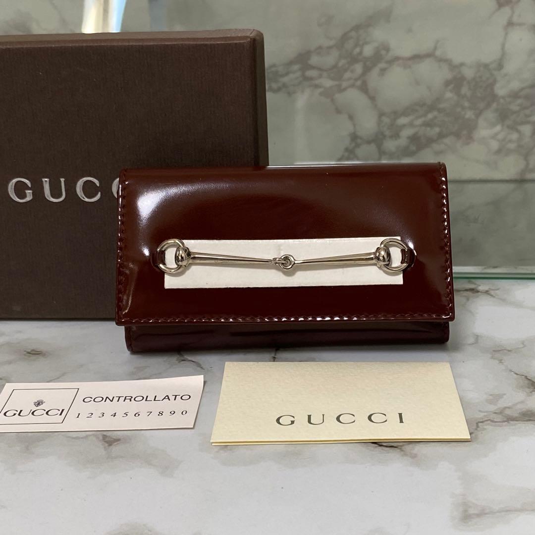 新品 未使用 GUCCI グッキーケース エナメル ホースビット ワインレッド