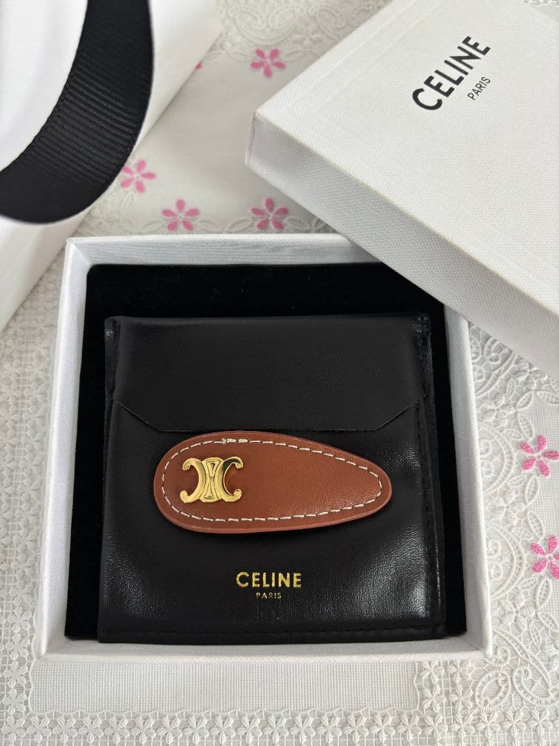 ブラウン レザー ヘアクリップ Celine ヘアピン