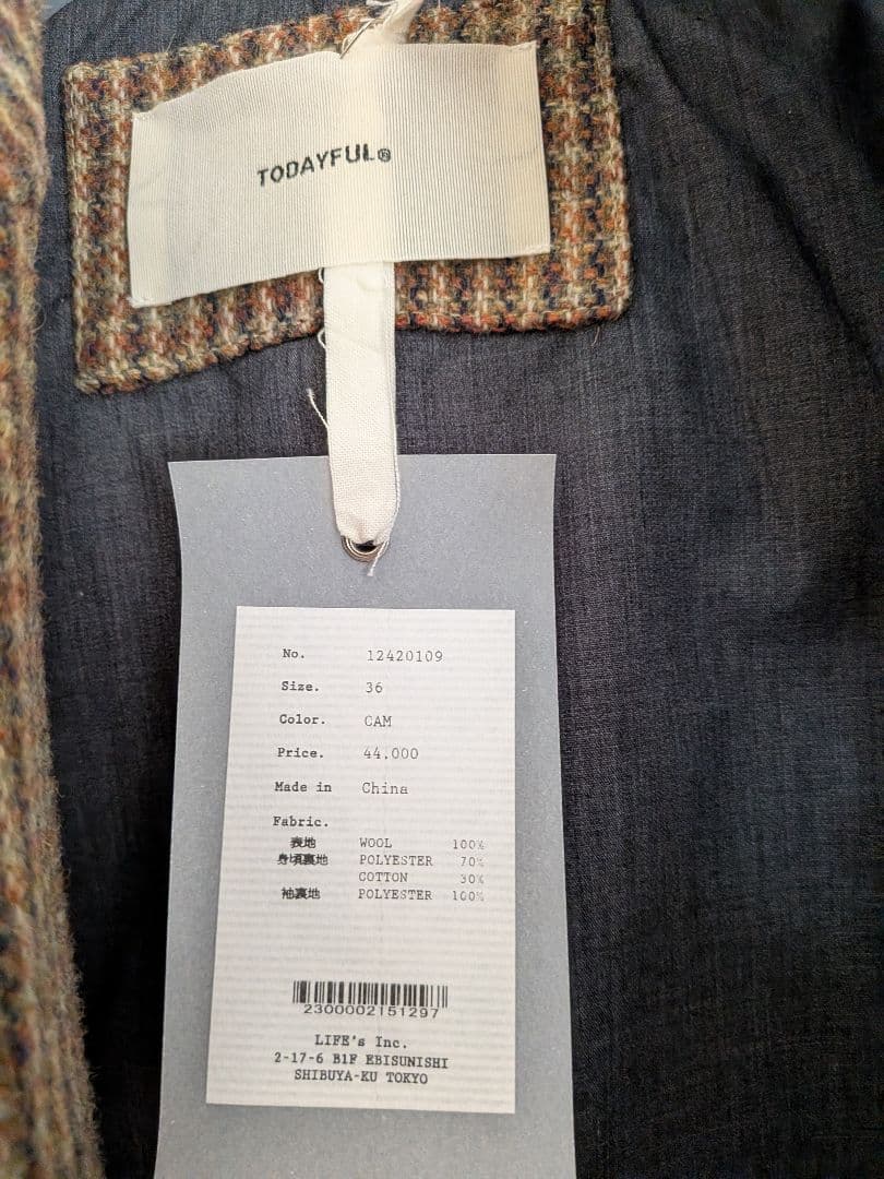 TODAYFUL 2025ウール100%チェックジャケット 36 新品タグ付き