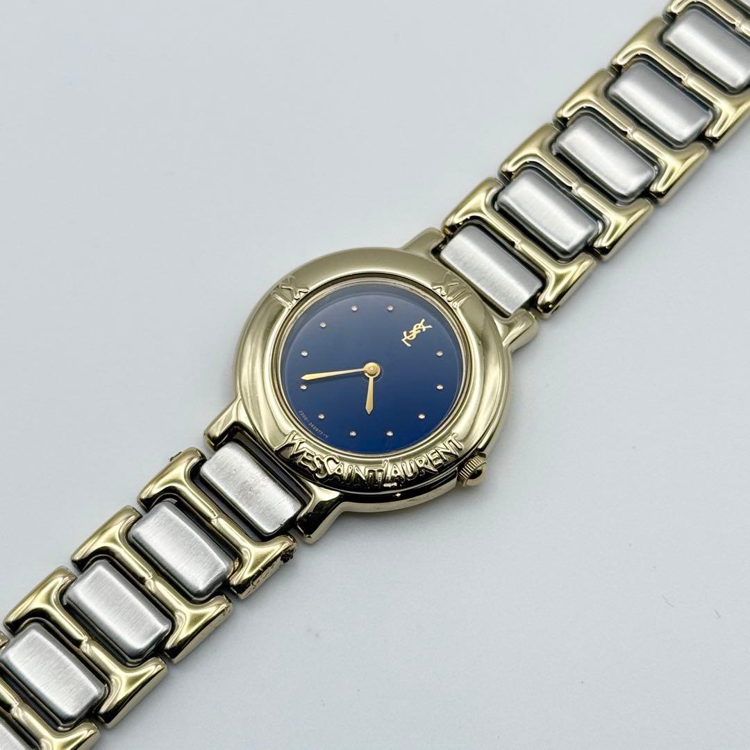 ✨稼働・美品✨サンローラン 腕時計 クォーツ ラウンド コンビ 青文字盤