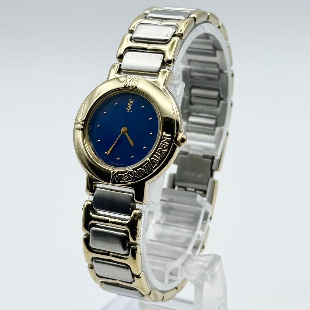 ✨稼働・美品✨サンローラン 腕時計 クォーツ ラウンド コンビ 青文字盤