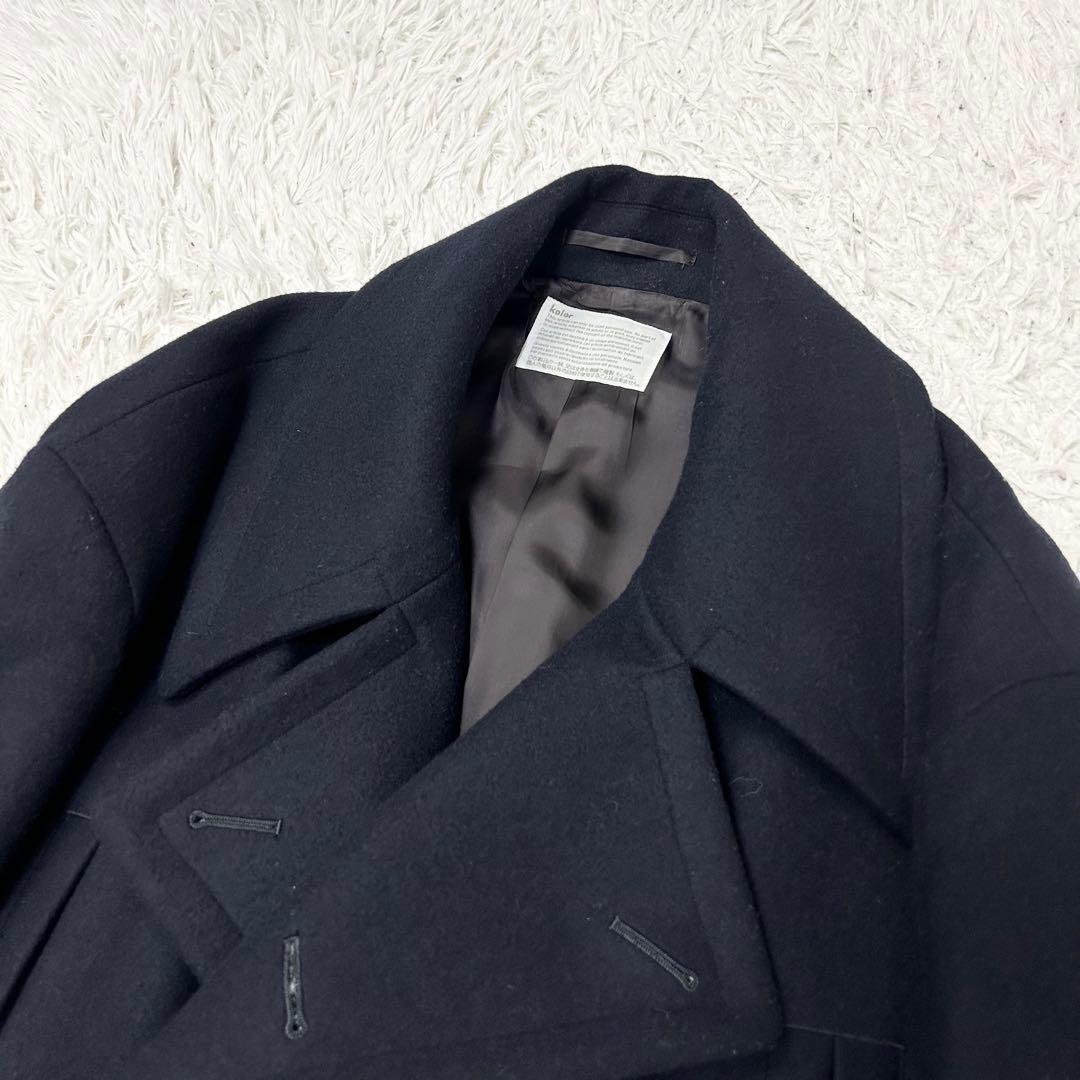 名作美品 kolor ウール カシミア メルトン 金ボタン Pコート ネイビー