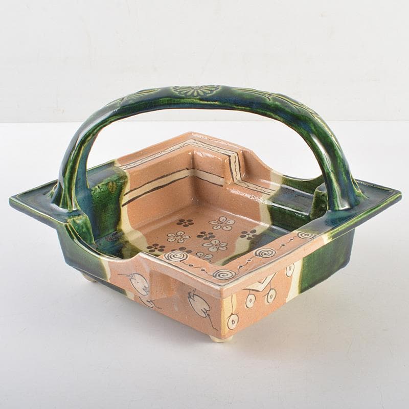 人間国宝　荒川豊蔵作　織部焼　手付鉢　共布　十三代即中斎極め箱　M　R7009B