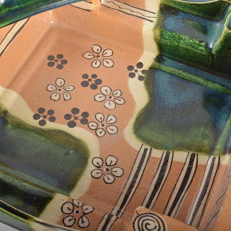 人間国宝　荒川豊蔵作　織部焼　手付鉢　共布　十三代即中斎極め箱　M　R7009B