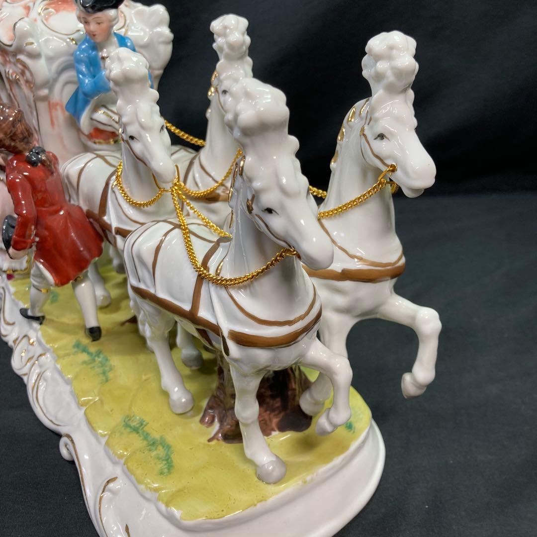 【美品】加藤工芸 4頭立て馬車 陶器置物 瀬戸マイセン