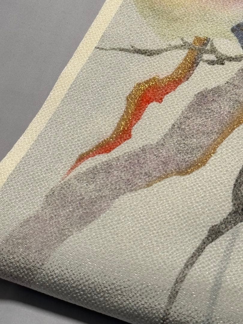 [極美品] 名古屋帯　正絹　縮緬　お太鼓柄　洒落帯　カジュアル　作家物　白　灰色