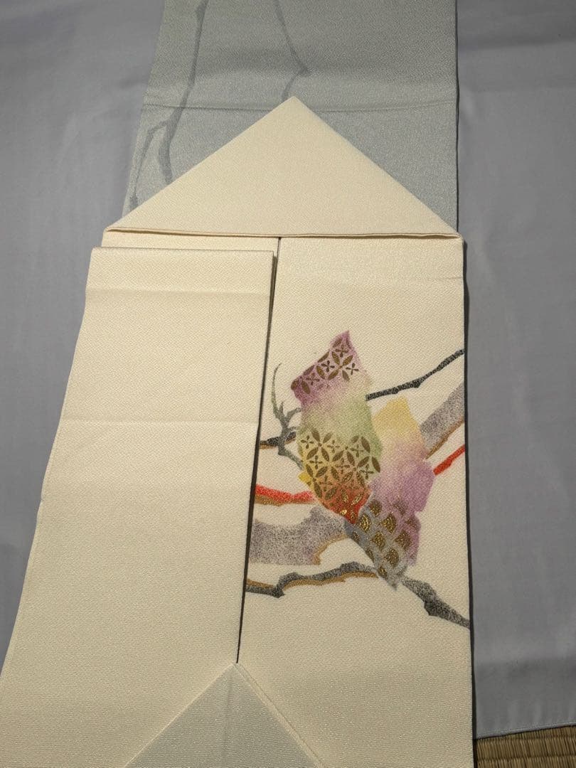 [極美品] 名古屋帯　正絹　縮緬　お太鼓柄　洒落帯　カジュアル　作家物　白　灰色