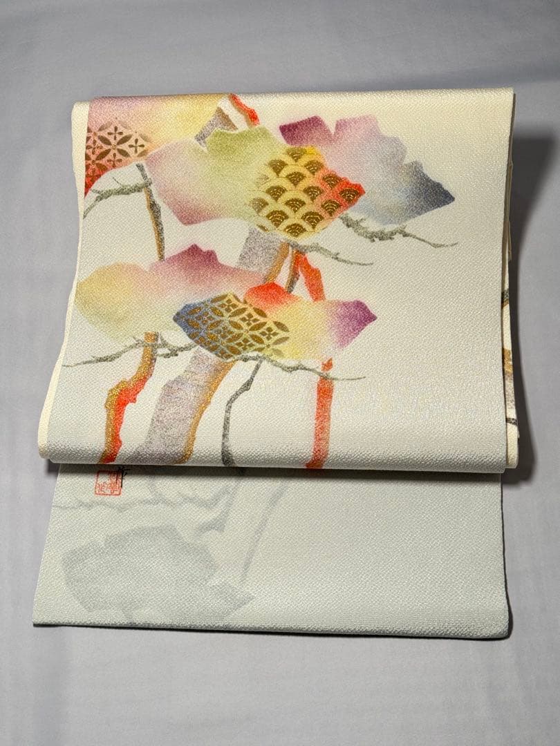 [極美品] 名古屋帯　正絹　縮緬　お太鼓柄　洒落帯　カジュアル　作家物　白　灰色