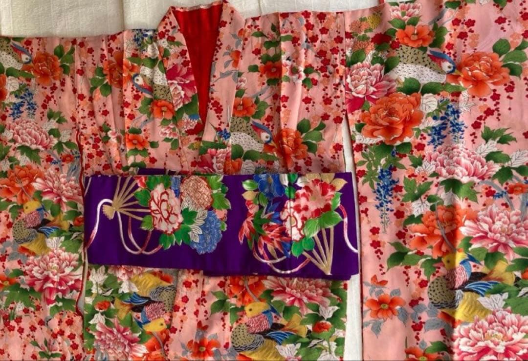 専用出品　希少鳥柄　アンティーク着物帯　7歳七五三　大正ロマン　錦紗　紅絹振袖