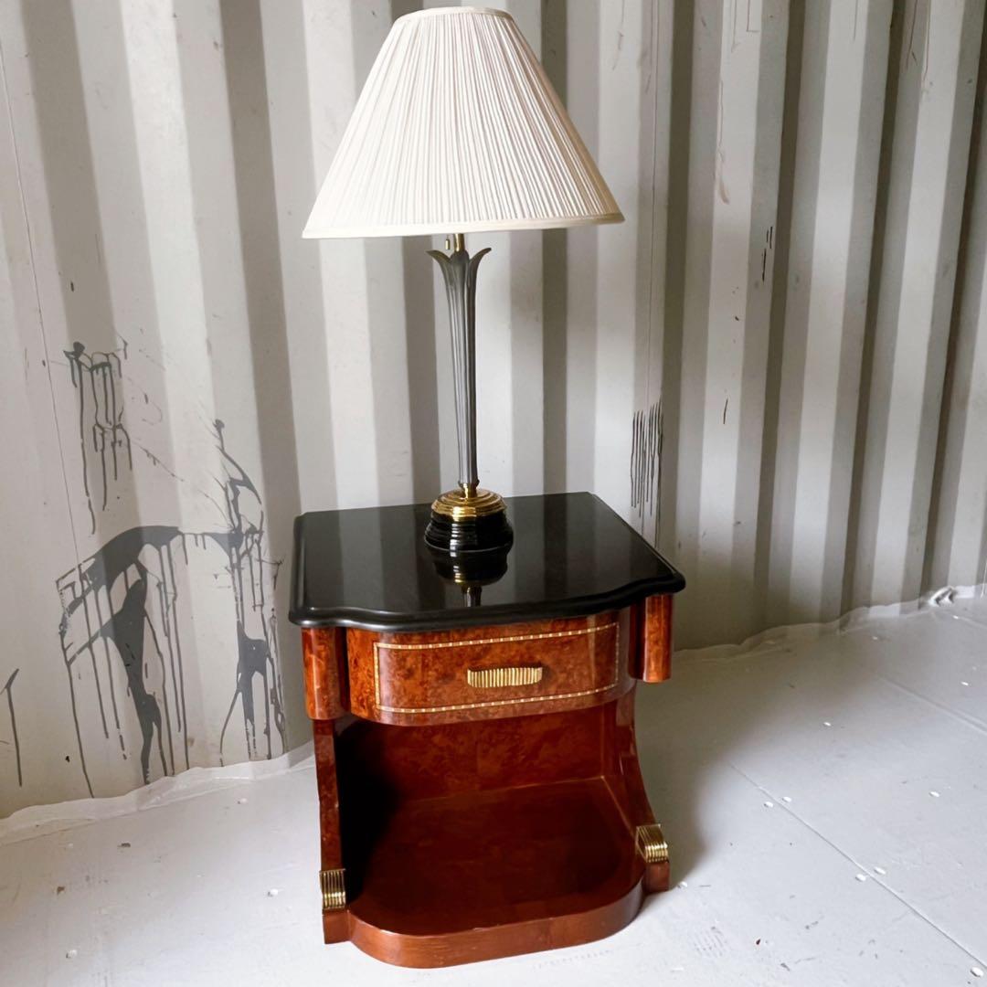 取付無料！高級ヨーロピアンアンティーク 大理石天板ライト付きナイトサイドテーブル