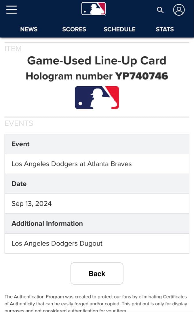 【MLBメモラビリア】ロサンゼルスドジャースgame-usedメンバー表