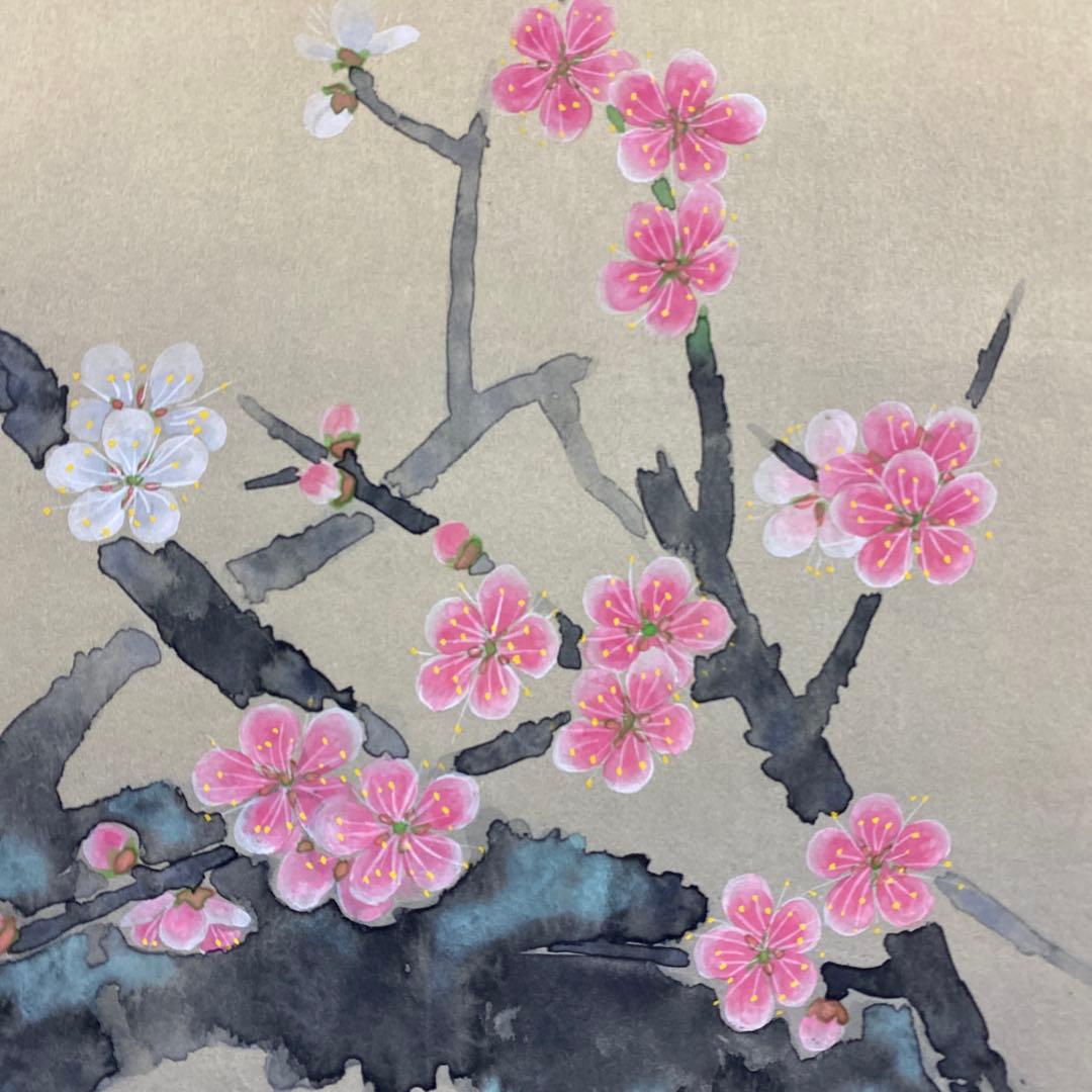 美品 掛け軸 水越由喜作 紅白梅図 共箱 縁起物 太巻き付 おもてなし