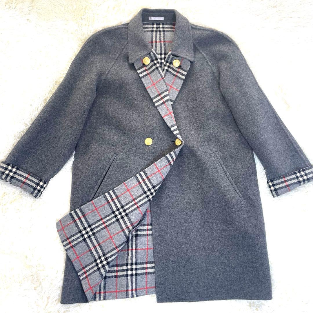 BURBERRYS 金ボタン ノバチェック グレー　カシミア　混　コート XL