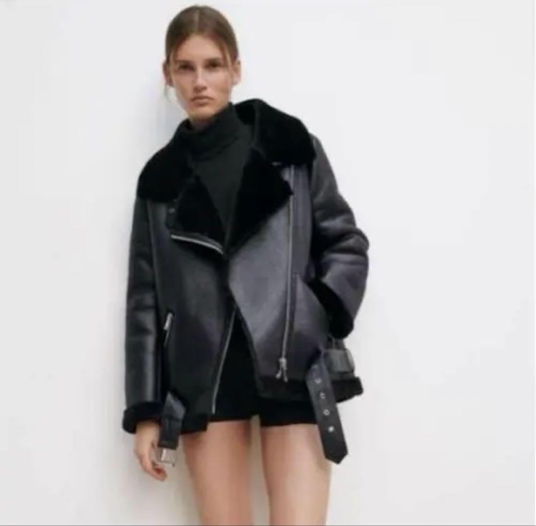 【即日配達、美品、2/7まで】ZARA フェイクファームートン　黒　XSサイズ