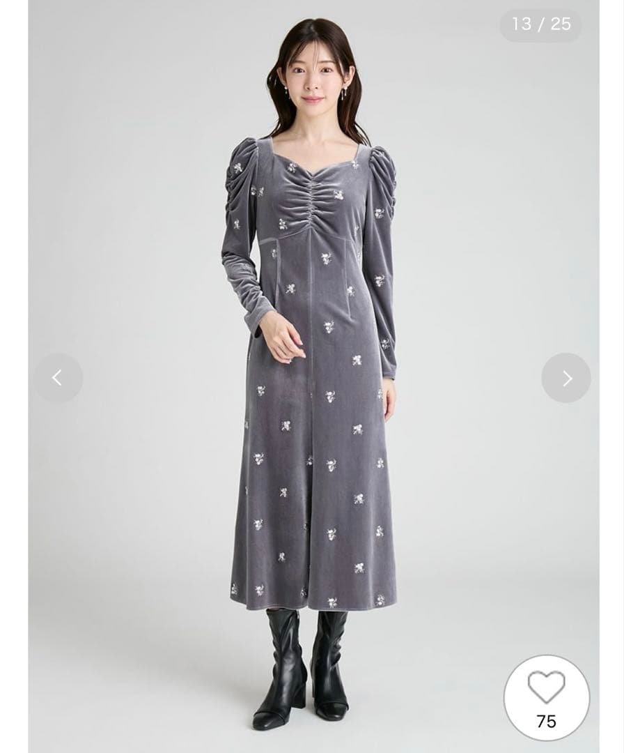 CELFORD 花柄刺繍 ベロアワンピース GRY 36サイズ