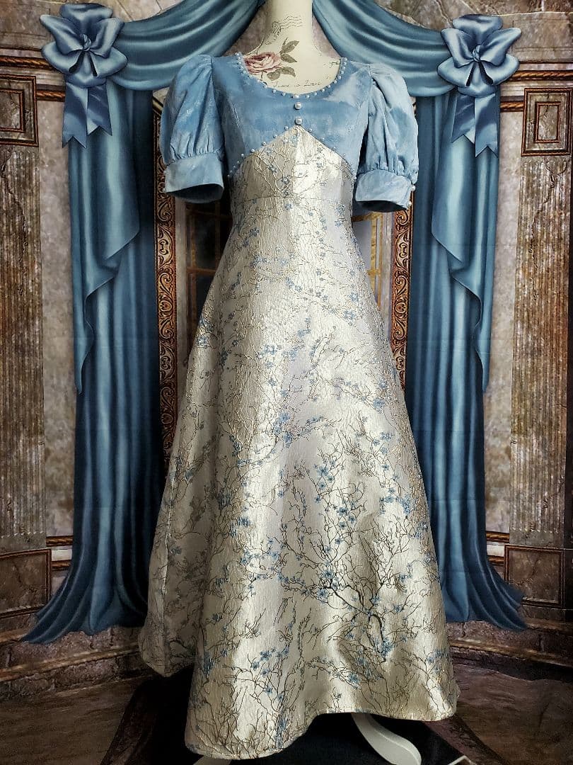 L～XL【新品インポートセレクト】ベロア×金糸混ジャガードパールクラシックドレス