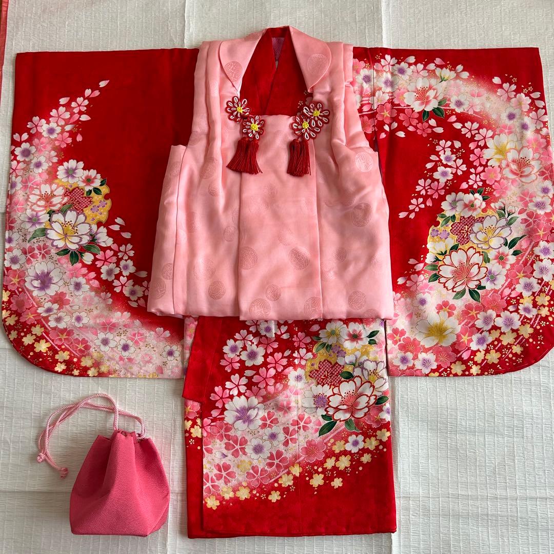 七五三 3歳 着物 被布 絹 三歳 赤 ピンク 753 巾着 女の子着物 子供