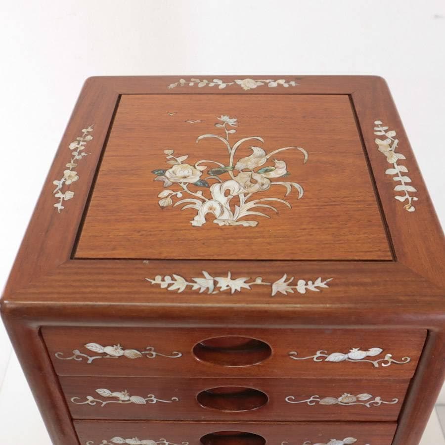 高級銘木 唐木 花梨無垢 螺鈿細工 サイドチェスト 8杯 小箪笥 H60cm
