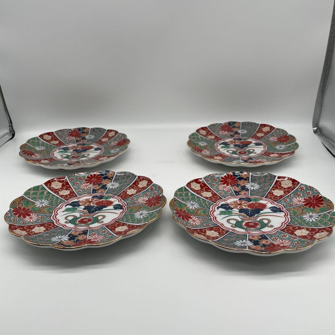 未使用 有田焼 陶扇菊割皿5枚セット 陶扇 田扇 菊割皿 錦絵 金彩 古伊万里